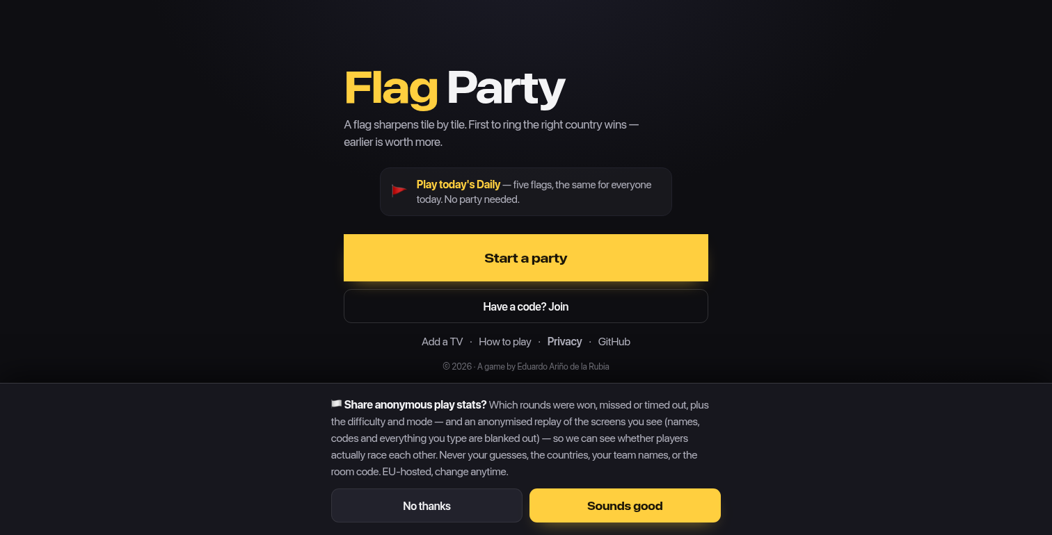 The Flag Party landing page, with a Start a party button